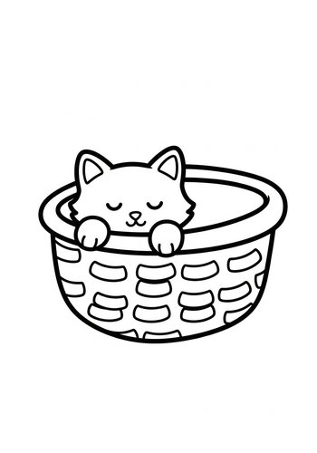 Cute Kitten Napping In Basket - Coloring Page