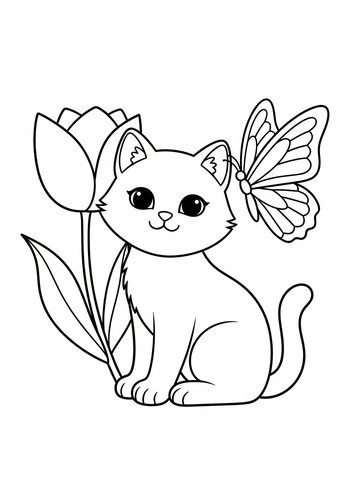 Cute Kitten With Butterfly And Tulip Coloring Page