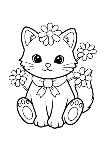 Cute Kitten With Flowers Coloring Page