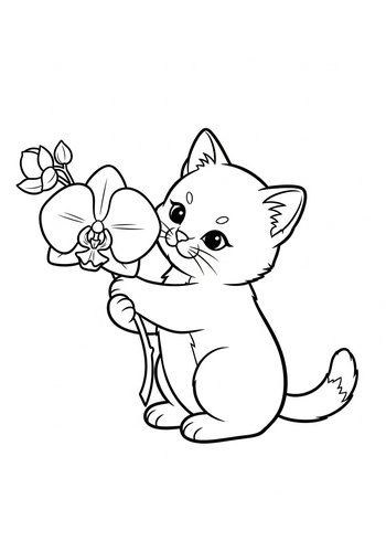 Cute Kitten With Orchid Coloring Page