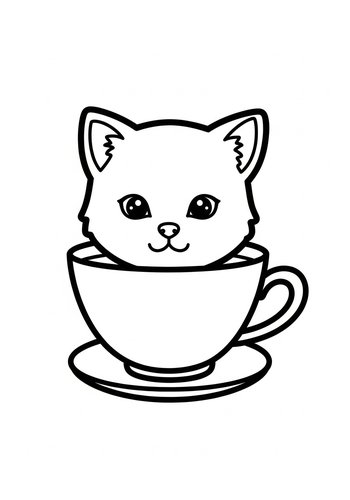 Cute Kitty In A Teacup Coloring Page