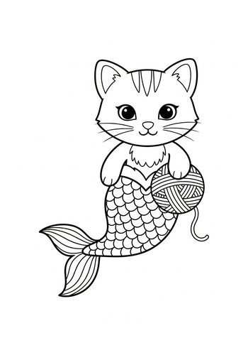 Cute Mermaid Cat Coloring Page