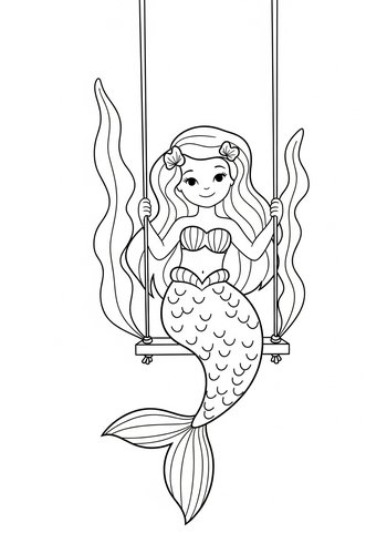 Cute Mermaid On Swing Coloring Page For Kids