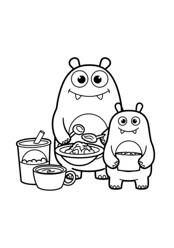Cute Monster Family Breakfast Coloring Page