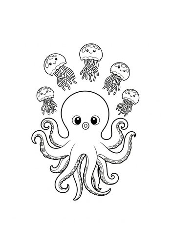 Cute Octopus And Jellyfish Coloring Page