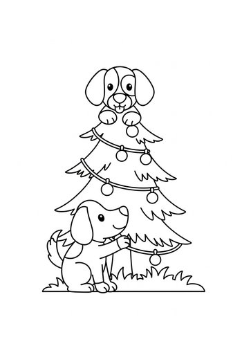Cute Puppies By Christmas Tree Coloring Page