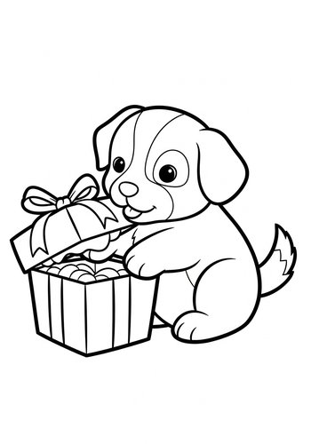 Cute Puppy With Gift Box Coloring Page