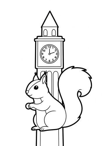 Cute Squirrel By The Clock Tower Coloring Page