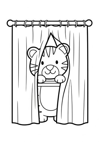 Cute Tiger Behind Curtains Coloring Page