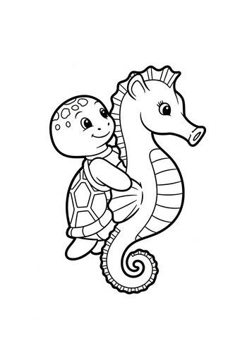 Cute Turtle And Seahorse Coloring Page
