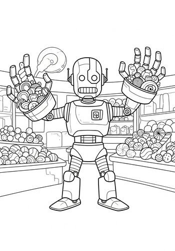 Coloring Page: Cyborg Exploring A Giant Candy Store With Robotic Arms Full Of Treats - Coloring Page