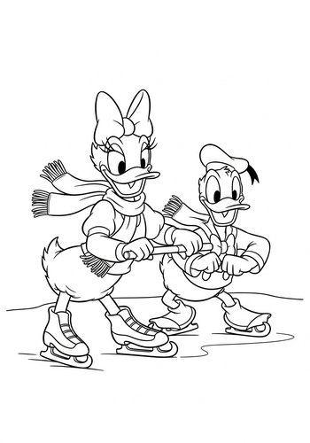 Coloring Page: Daisy Duck Ice-skating On A Frozen Pond With Donald Duck Coloring Page