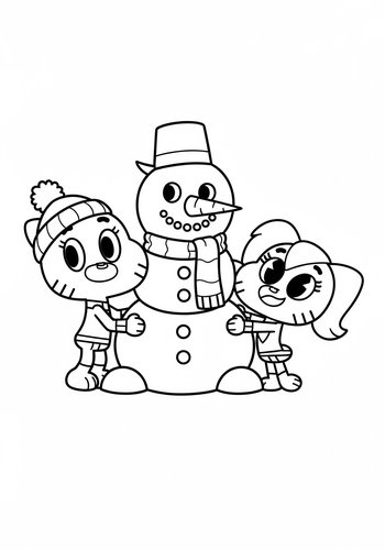 Darwin Making A Snowman With Gumball And Anais. Coloring Page