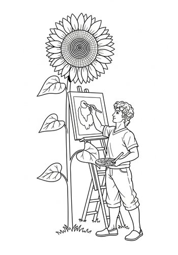 David Painting A Giant Sunflower Coloring Page