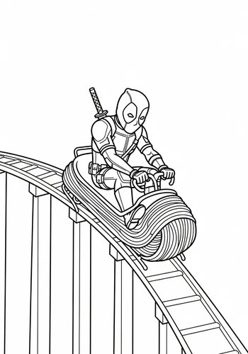 Coloring Page: Deadpool Riding A Rollercoaster Made Of Spaghetti - Coloring Page