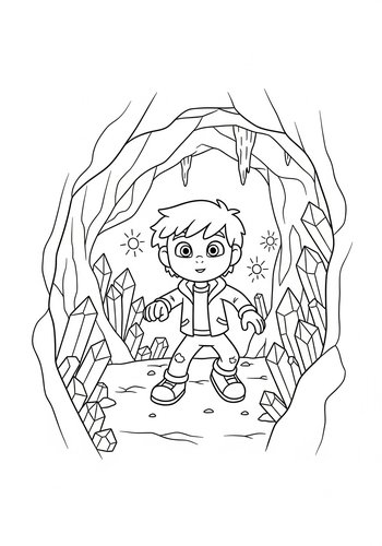 Dexter Exploring A Cave Filled With Glowing Crystals: Coloring Page Fun