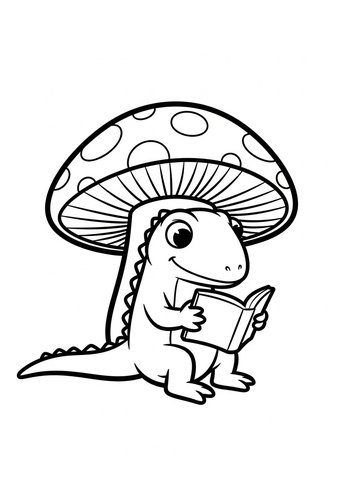 Dino Reads Under Mushroom Coloring Page