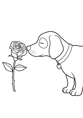 Dog Smelling Rose Coloring Page