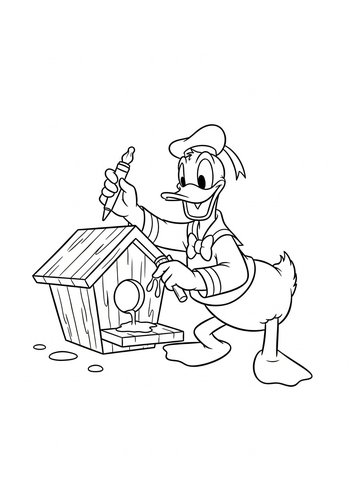 Donald Duck Building A Birdhouse With Colorful Paints - Coloring Page Fun