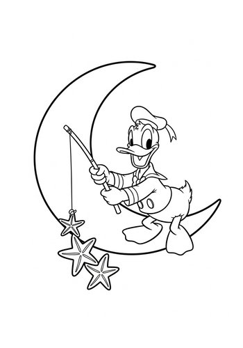 Donald Duck Fishing For Starfish From A Crescent Moon Coloring Page