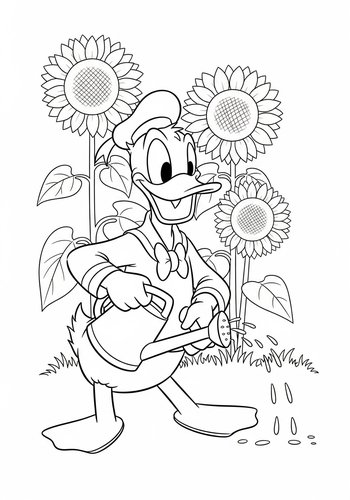 Donald Duck Watering Singing Sunflowers Coloring Page