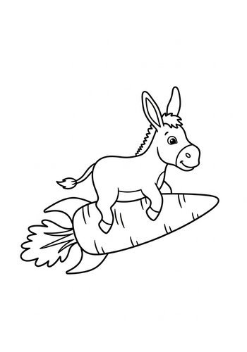 Donkey's Space Adventure: Coloring Page Of A Donkey Floating In Space On A Giant Carrot Rocket