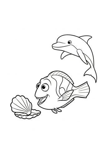 Dory Playing Fetch: Seashell Fun Coloring Page