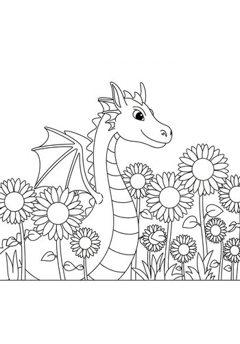 Dragon In A Sunflower Field Coloring Page