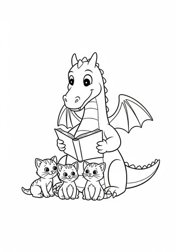 Dragon Reads To Kittens Coloring Page