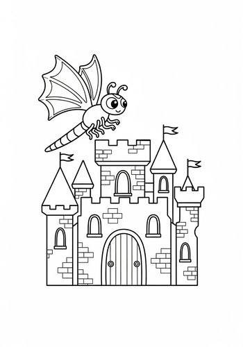 Dragonfly Over Castle Coloring Page