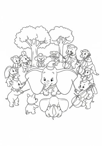 Dumbo Conducting An Orchestra Of Forest Animals: Coloring Page