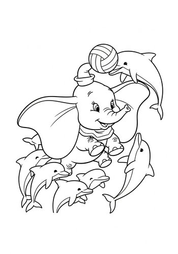 Dumbo Playing Volleyball With A Group Of Dolphins Coloring Page