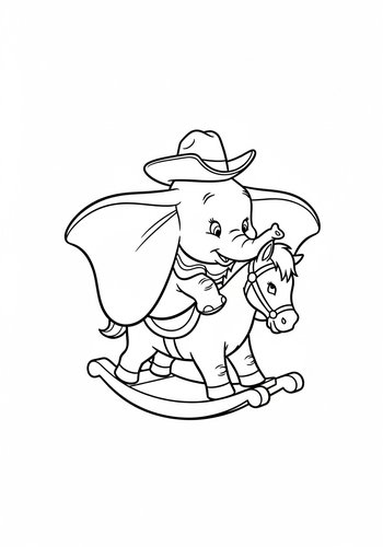 Dumbo Wearing A Cowboy Hat And Riding A Rocking Horse Coloring Page