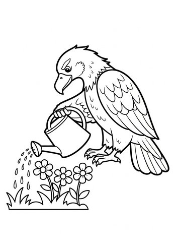 Eagle Watering Flowers Coloring Page