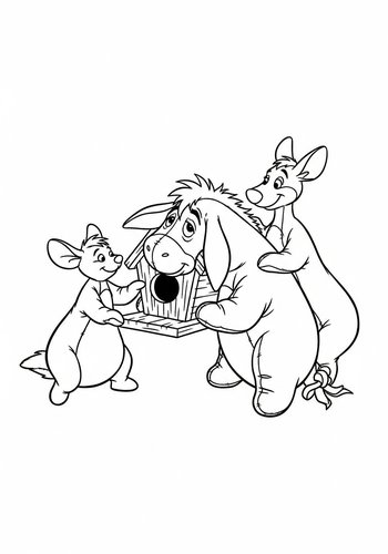 Coloring Page: Eeyore Building A Birdhouse With Kanga And Roo Coloring Page