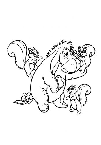 Coloring Page: Eeyore Playing Tag With Squirrels: A Printable Coloring Page