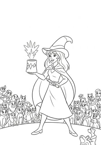 Eilonwy Performing Magic Tricks For A Crowd Of Enchanted Creatures - Coloring Page