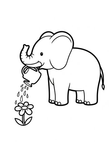 Elephant Watering Flower Coloring Page