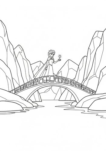 Elsa Creating A Magical Ice Bridge Across A Fjord Coloring Page