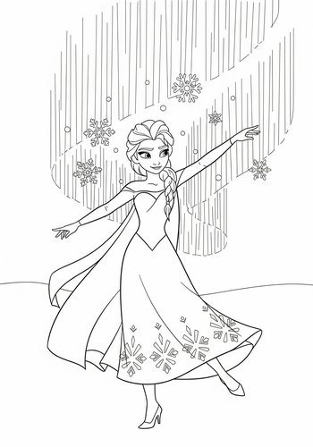 Elsa Dancing With Snowflakes Under The Northern Lights Coloring Page