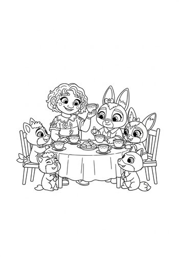 Encanto Having A Tea Party With Friendly Woodland Creatures: Coloring Page
