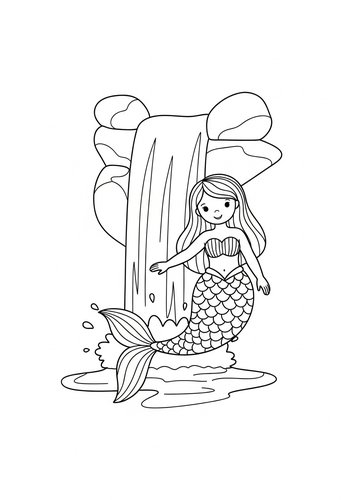 Enchanting Mermaid By The Waterfall Coloring Page