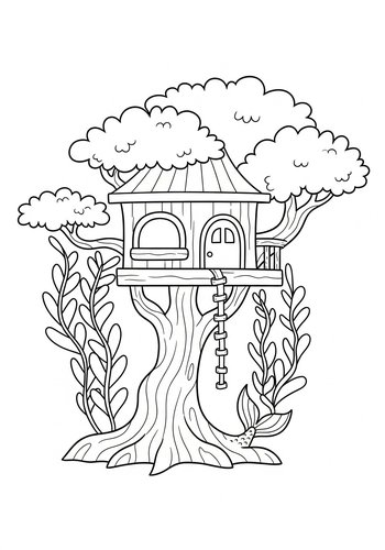 Enchanting Treehouse Coloring Page For Kids