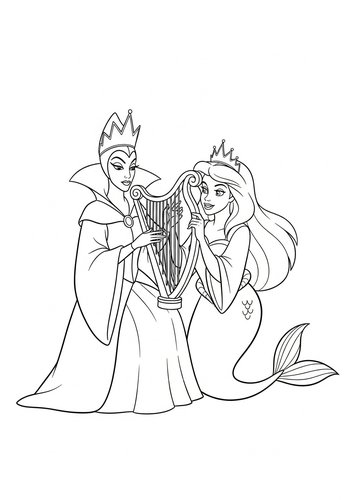Coloring Page: Evil Queen Learning To Play The Harp From A Magical Mermaid: Coloring Page