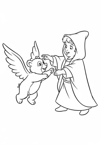 Fairy Godmother Teaching A Bear Cub How To Fly Coloring Page