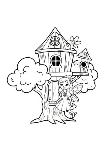 Fairy In A Treehouse Coloring Page
