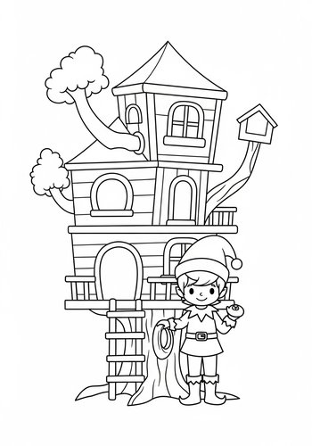 Festive Elf Treehouse Coloring Page