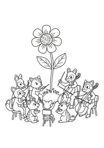 Flower Conducting An Orchestra Of Woodland Creatures - Coloring Page Fun