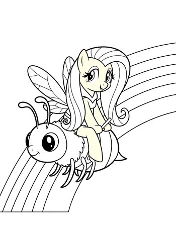 Fluttershy Riding A Giant Bumblebee Through A Rainbow Coloring Page