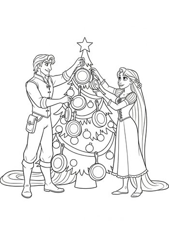 Flynn Rider And Rapunzel Decorating A Christmas Tree Coloring Page